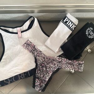 NEW Victoria Secret PINK Bralette & Thong Set Sock Lot Size M Knee High